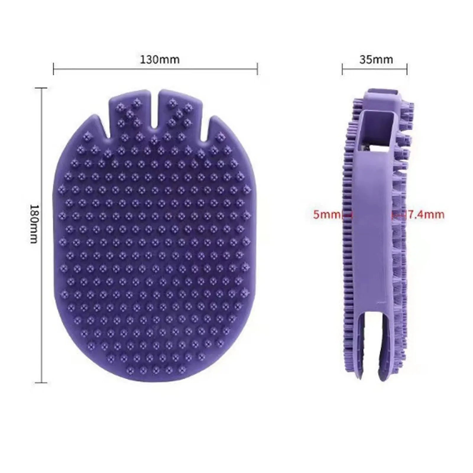 Purple dual-sided pet shampoo brush with soft TPR bristles and ergonomic handle for dog and cat grooming