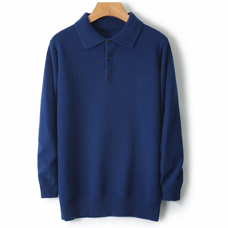 Men's polo collar wool sweater pullover in multiple colours on a size chart background.