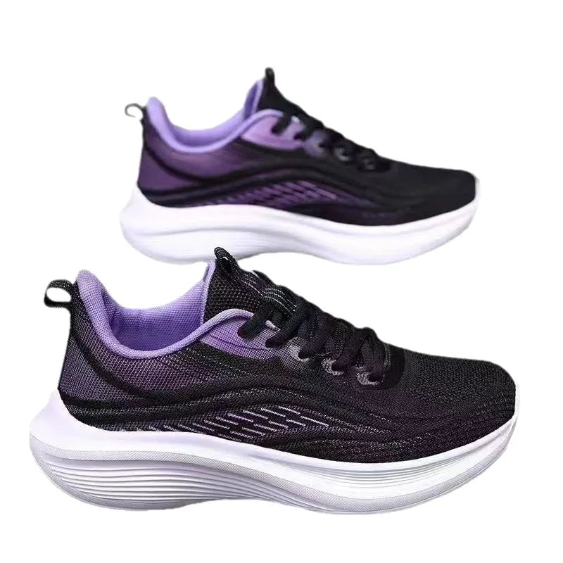 Lightweight mesh running shoes with PVC non-slip sole, front lace-up, sizes 36-40, in white green, light pink, or purple.
