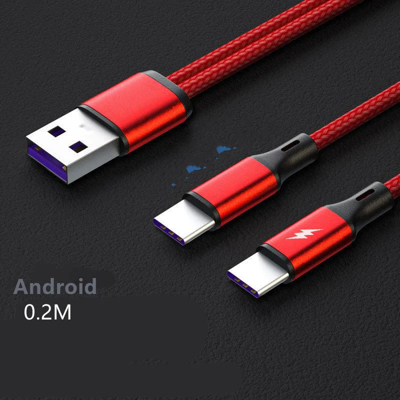 Black and red braided two-in-one fast charging cable with Micro USB and Type-C connectors on a white background.