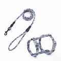Cat I-shaped chest harness in blue with metal accessories and 150cm rope lead on white background