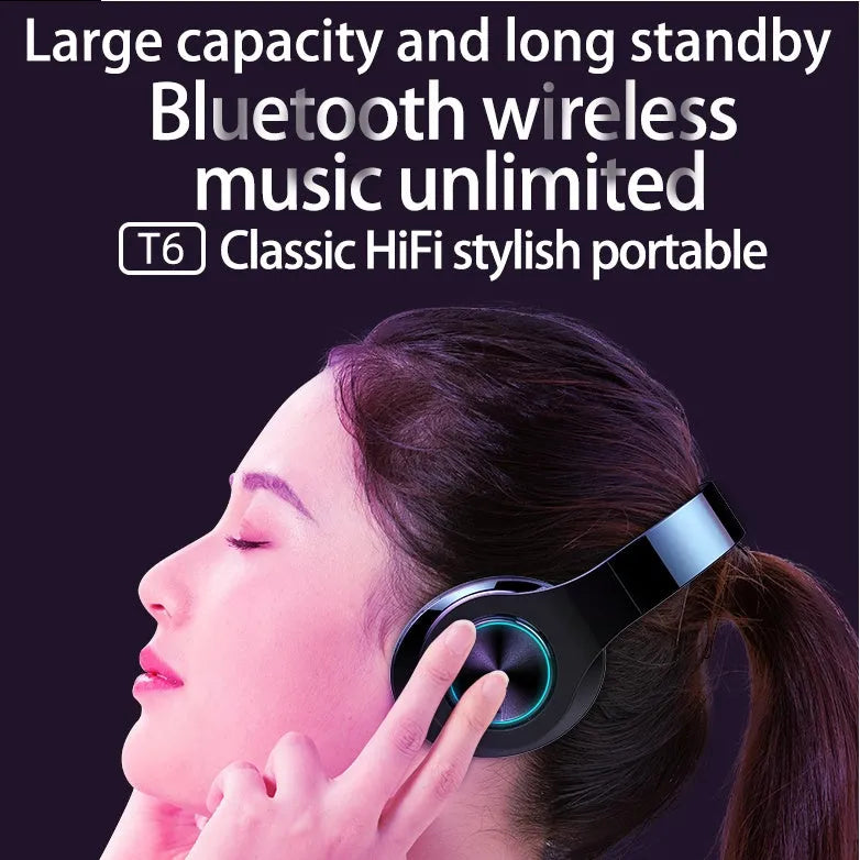 T6 wireless Bluetooth headset shown in use for hands-free calling and music listening.