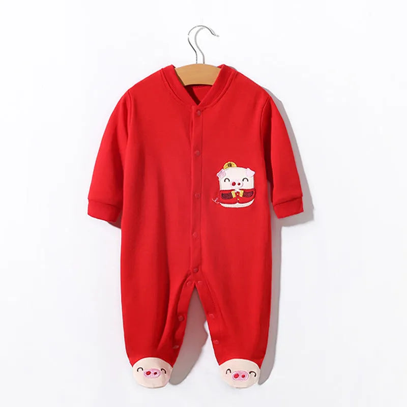 Cotton baby bodysuit with red deer print, short sleeves, sizes 59cm to 80cm, 99.9% cotton.