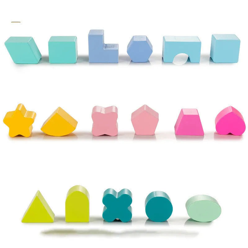 Wooden geometric shape sorter on wheels with 17 sorting holes and colourful cubes for toddlers age 3 plus