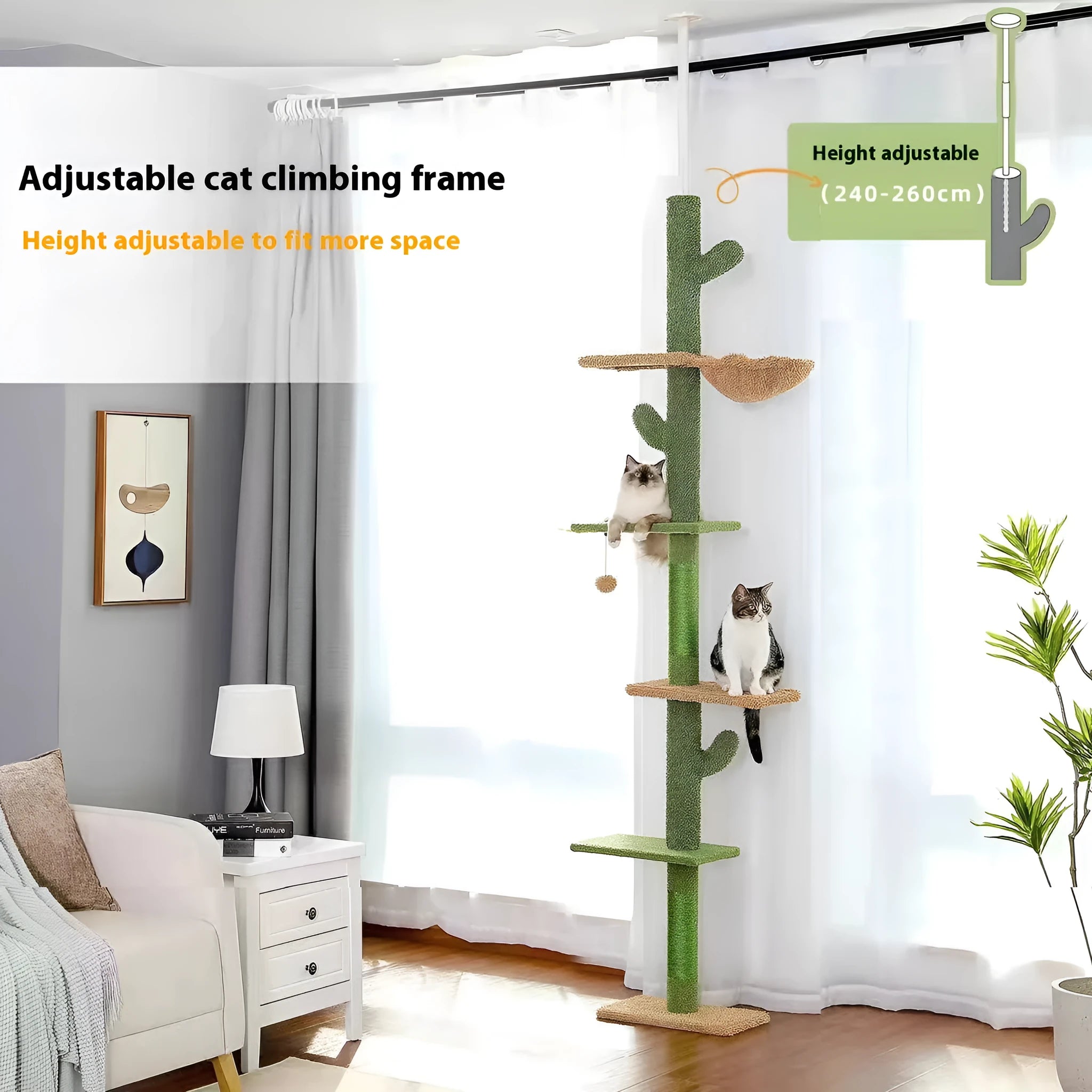 Tall solid wood cat climbing frame with integrated scratch board and cat nest.