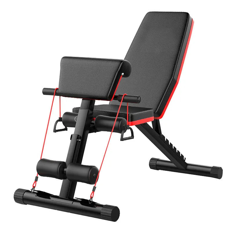 Home multi-function incline board fitness bench with metal frame, foldable, adjustable height, includes pull rope and support rod