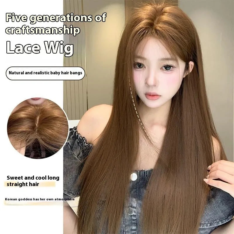 Centre-parted bangs long straight wig in warm brown with forehead lace front