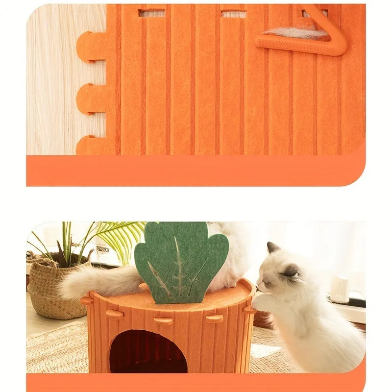 Carrot-shaped grey felt cat bed with a round tunnel entrance, shown next to a cat.
