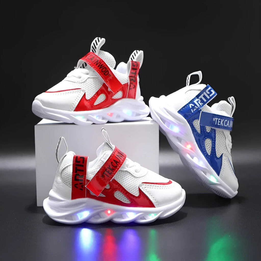 Children's luminous shoes in red and blue with mesh webbing and artificial leather upper, sizes 21-30.