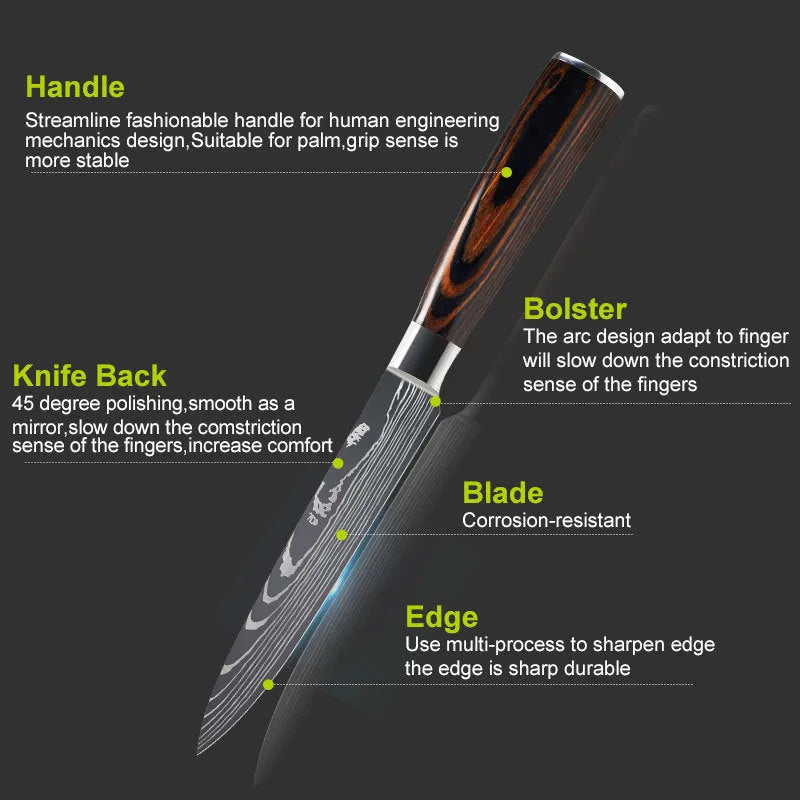 7CR17 stainless steel chef knife with laser Damascus pattern and colour steel handle, blade length 18cm.