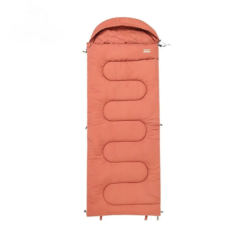 Outdoor camping cotton sleeping bag quilt in ochre or olive green, folded to show portable design.