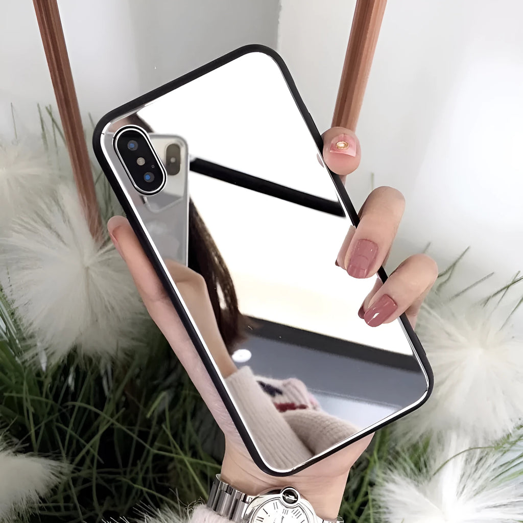 Black iPhone case with a reflective mirror surface on the back, compatible with iPhone 7, 8 Plus, and X models.
