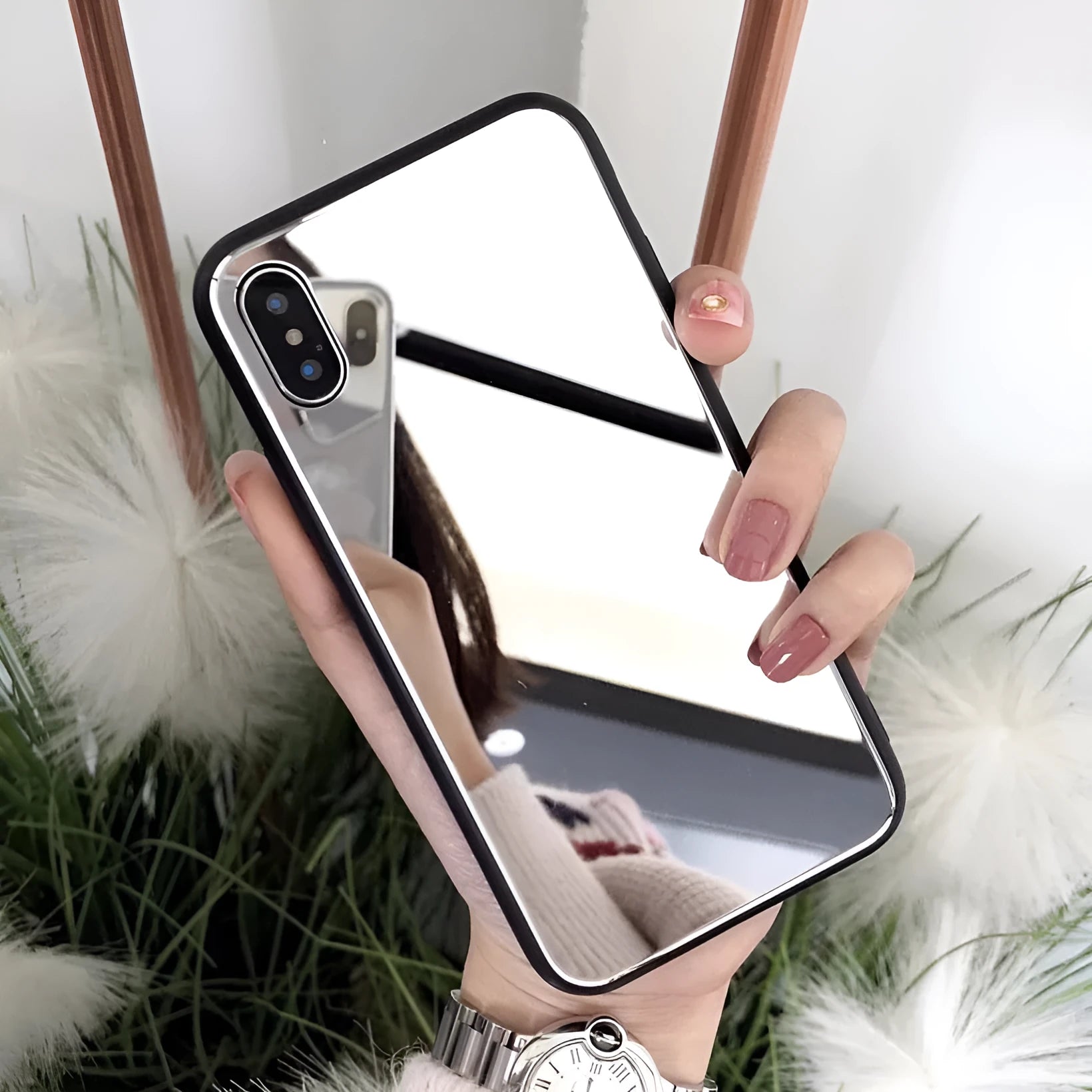 Black iPhone case with a reflective mirror surface on the back, compatible with iPhone 7, 8 Plus, and X models.