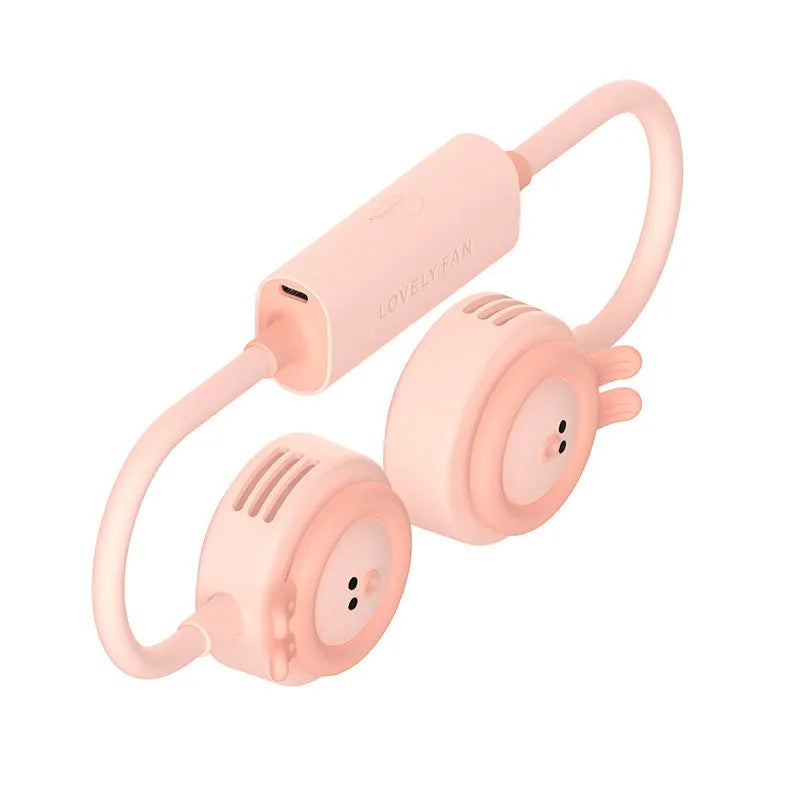 Sanhuo pink leafless hanging neck fan showing compact design and wear position
