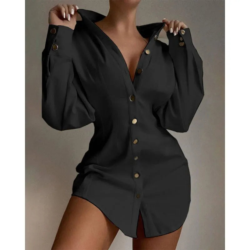 Women's long sleeve art retro shirt with waist control fastener and button decoration in matel silk fabric