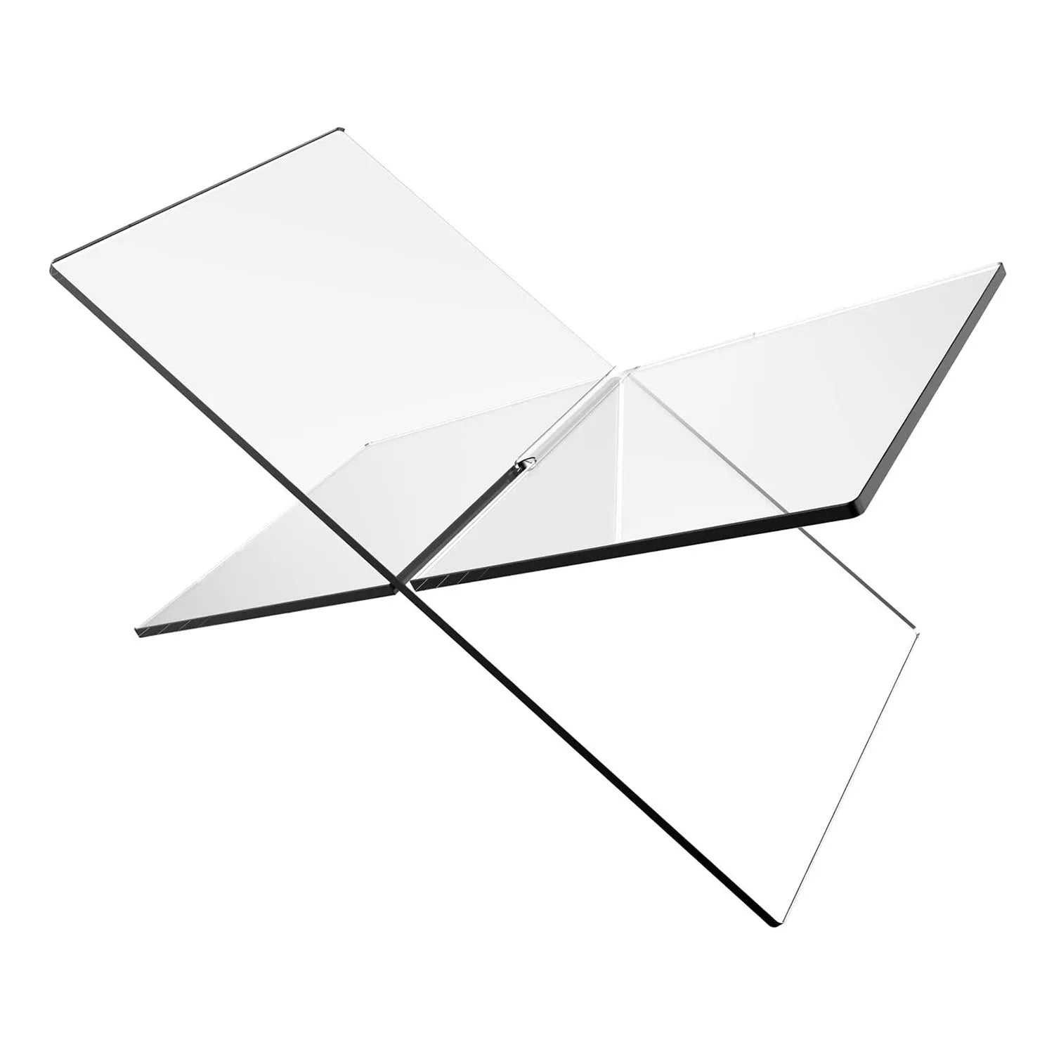 Clear acrylic X-shaped book display shelf holding books at an angle