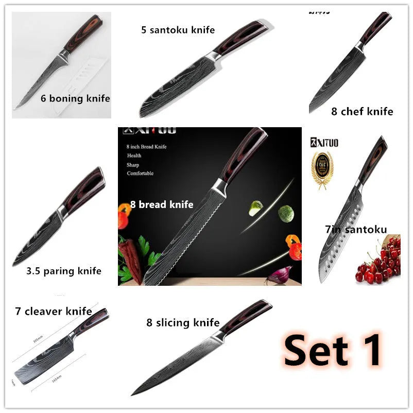 7Cr17 stainless steel kitchen knife with Damascus pattern blade and coloured wood handle on a cutting board.