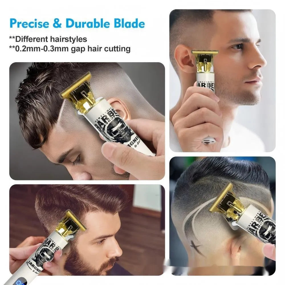 Rechargeable hair clipper with stainless steel cutter head, plastic body, and 4-in-1 accessory kit on a table.
