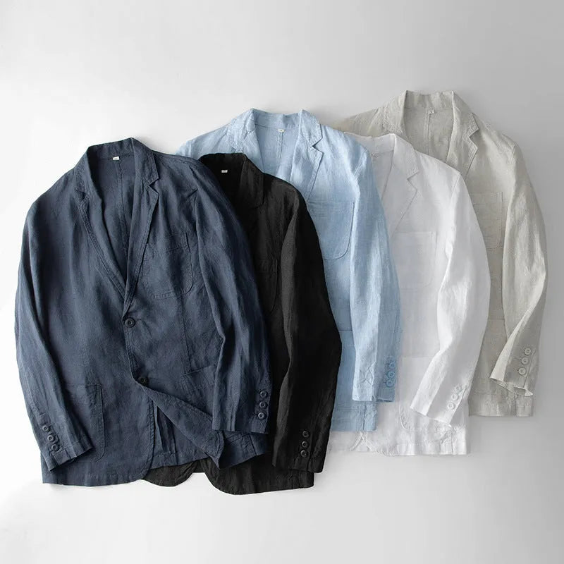 Men's linen casual jacket in solid colour with long sleeves and loose fit