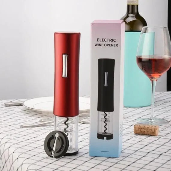 Electric wine bottle opener with automatic corkscrew and foil cutter in black, red or white colours