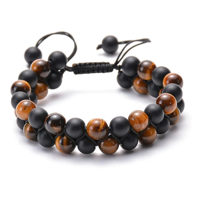 Geometric couple bracelets with tiger eye and matte black agate beads