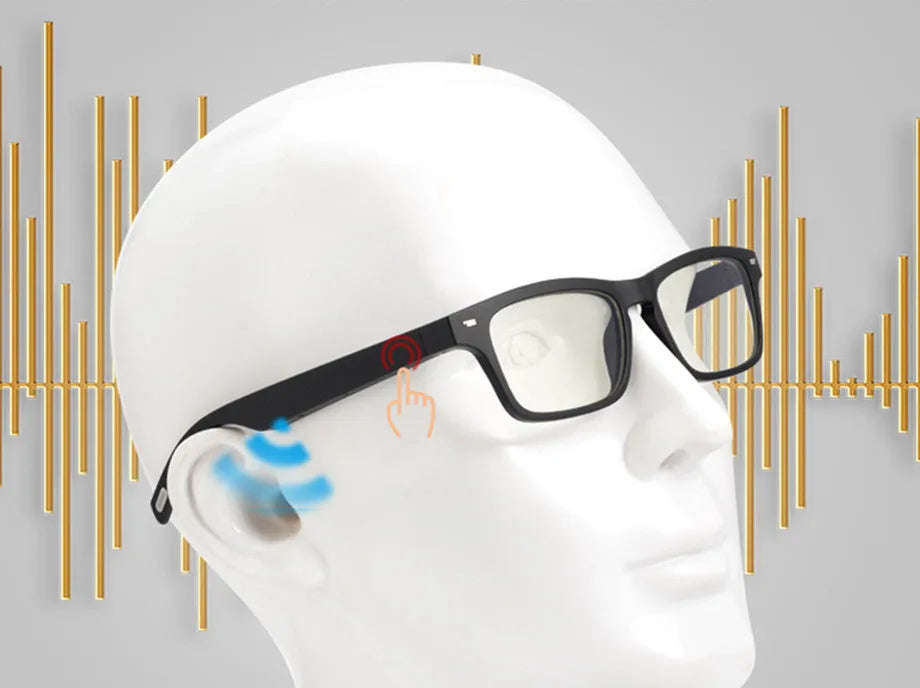 Smart sunglasses with black frame, polarised lenses, and built-in Bluetooth speakers in the temples.