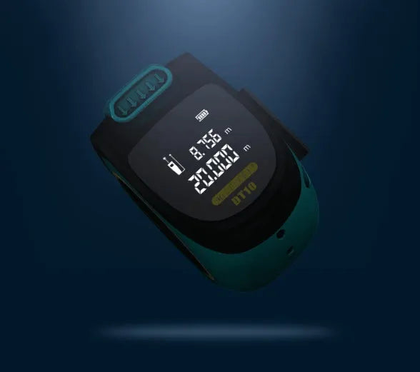 2-in-1 laser tape measure tool with 5m nylon coated blade and magnetic hook on a metal surface