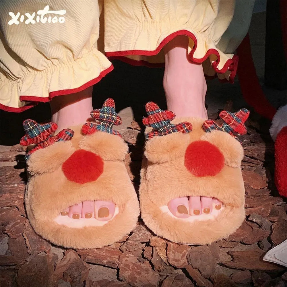 Brown women's fluffy cotton slippers with cartoon deer design, suede upper and PVC sole