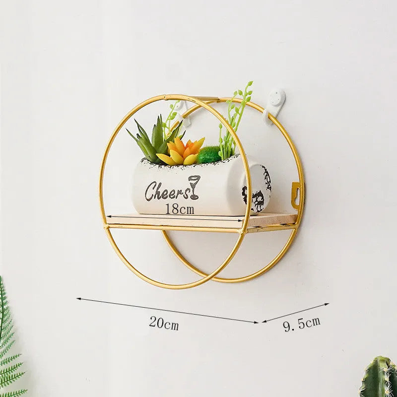 Single-layer iron wall shelf with solid wood shelf in gold colour, European style, hook-type installation