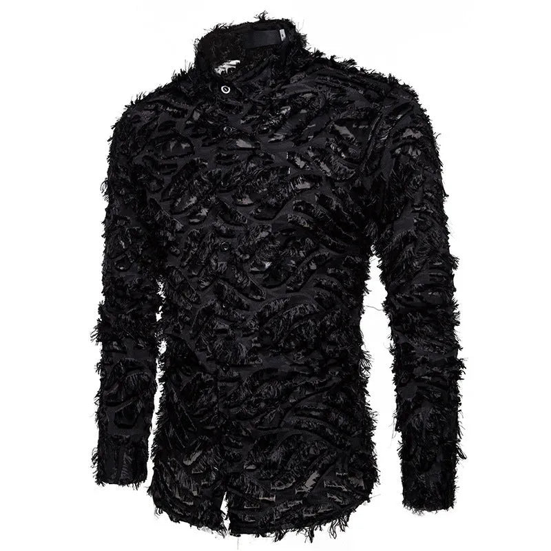 Feather tassel lapel shirt for men in black with non-iron cotton blended fabric
