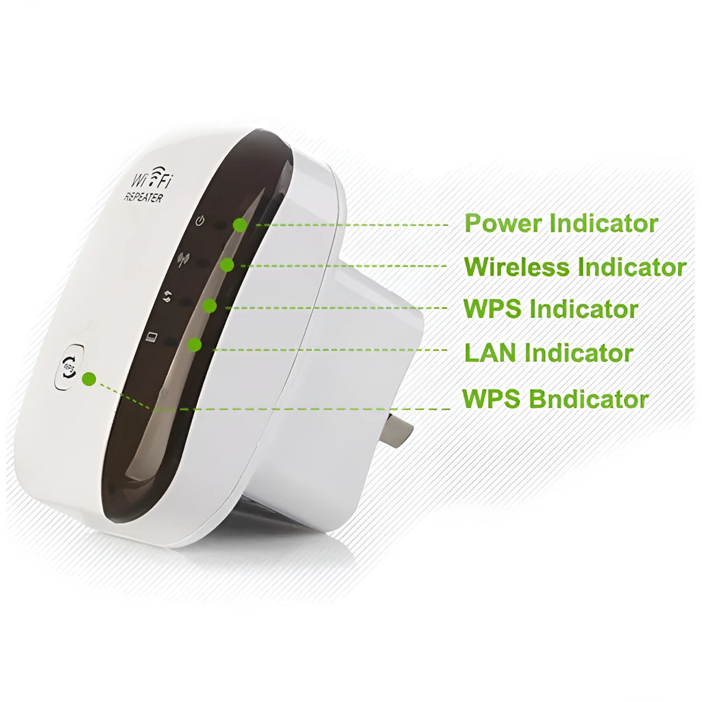 WiFi repeater 300Mbps 2.4GHz with two antennas and Ethernet port, UK plug, white and black