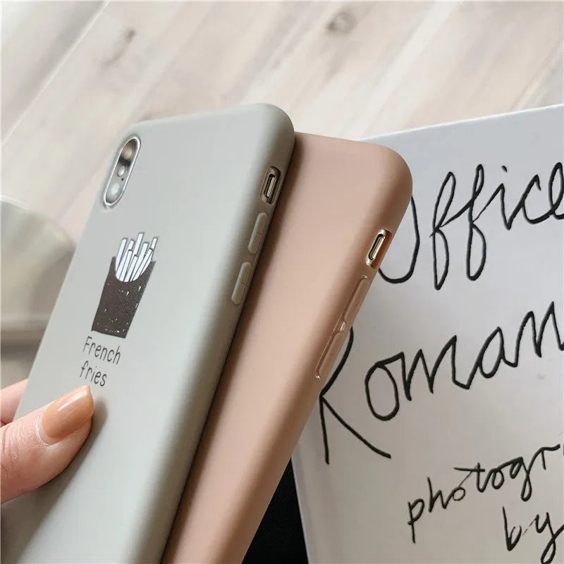 Soft matte silicone iPhone case showing ice coffee and french fries pattern designs