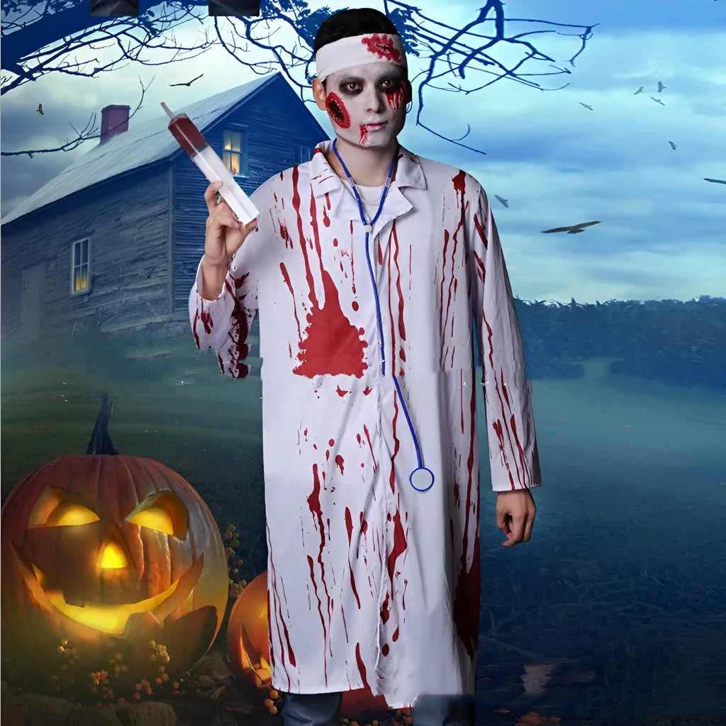White full-length polyester adult masquerade costume for Halloween parties