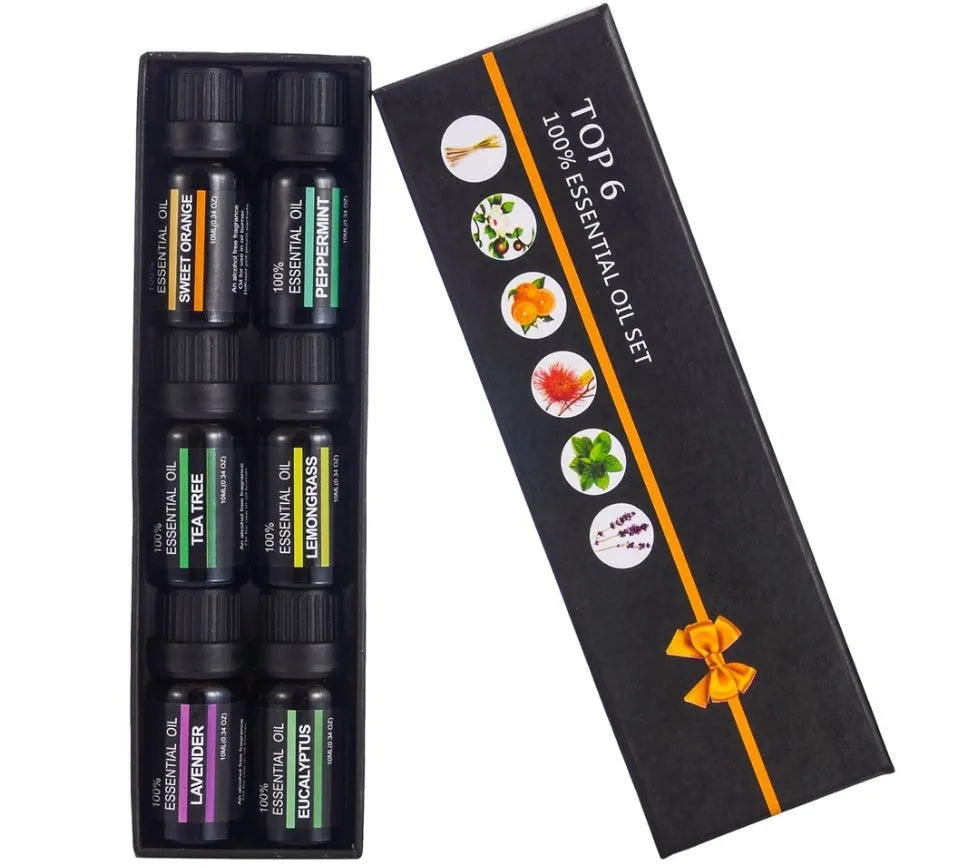 Six 10ml aromatherapy massage oil bottles with lavender, tea tree and citrus essential oil blends