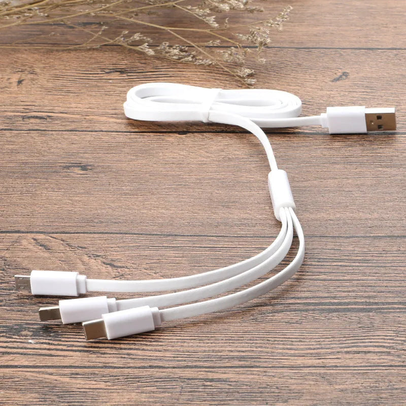 Three-in-one data cable 1m noodles style with one for three split connectors in black or white
