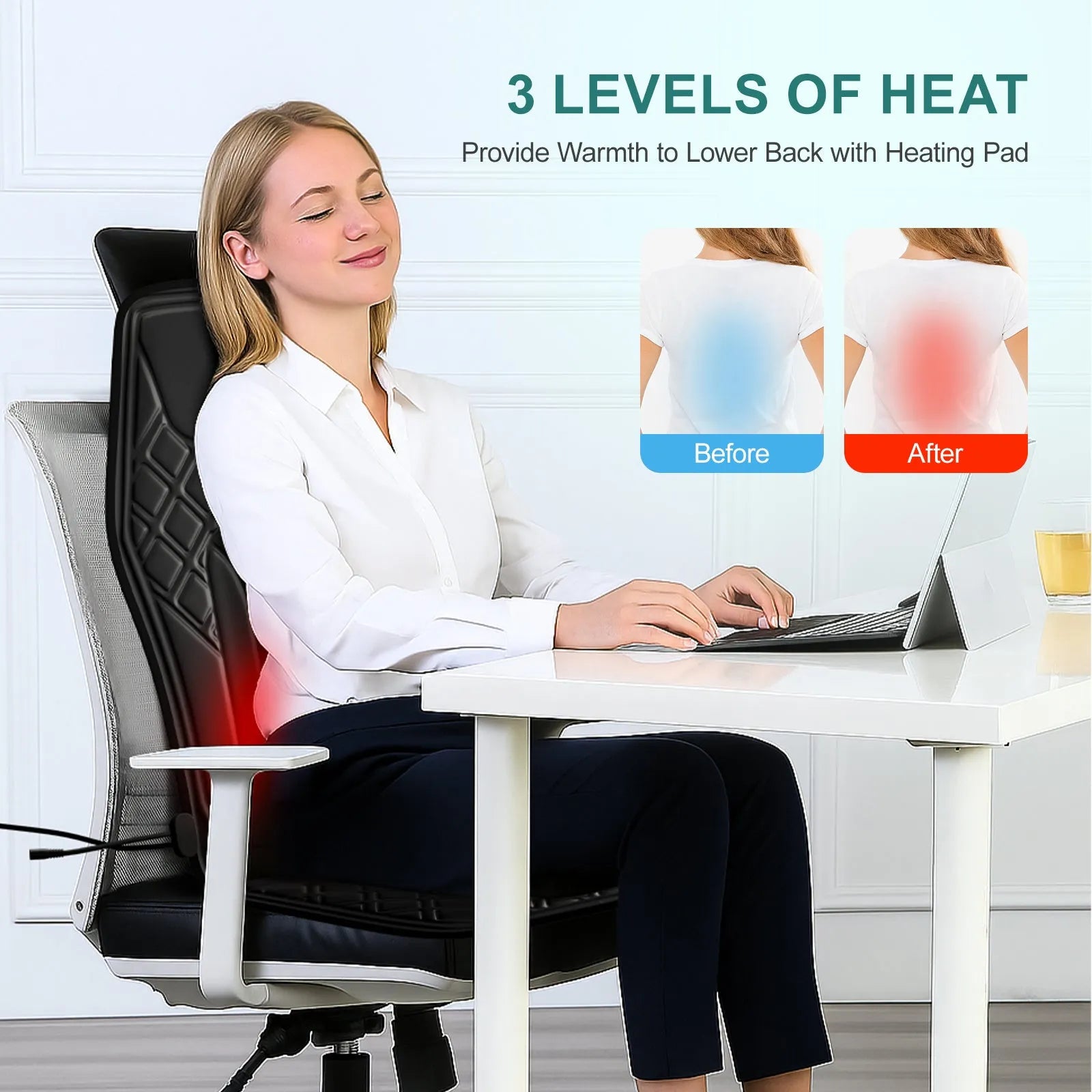 9-speed massage cushion with timer and heat on a black office chair, showing remote control and PU leather surface