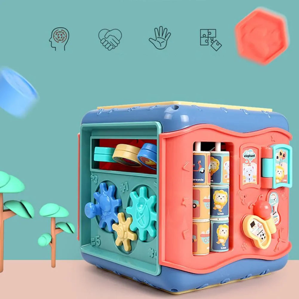 ABS plastic hexahedron educational toy with six different Montessori activities including bead maze and gears