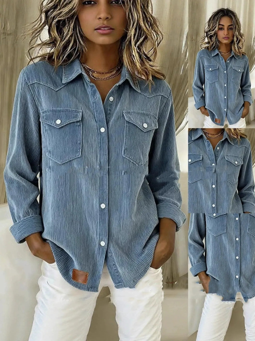 Women's light blue polyester denim cardigan jacket with distressed details, long sleeves, laid flat.