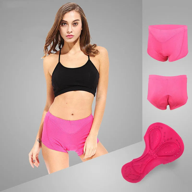Cycling underwear with silicone pad for men and women, moisture wicking, in black, blue, and pink