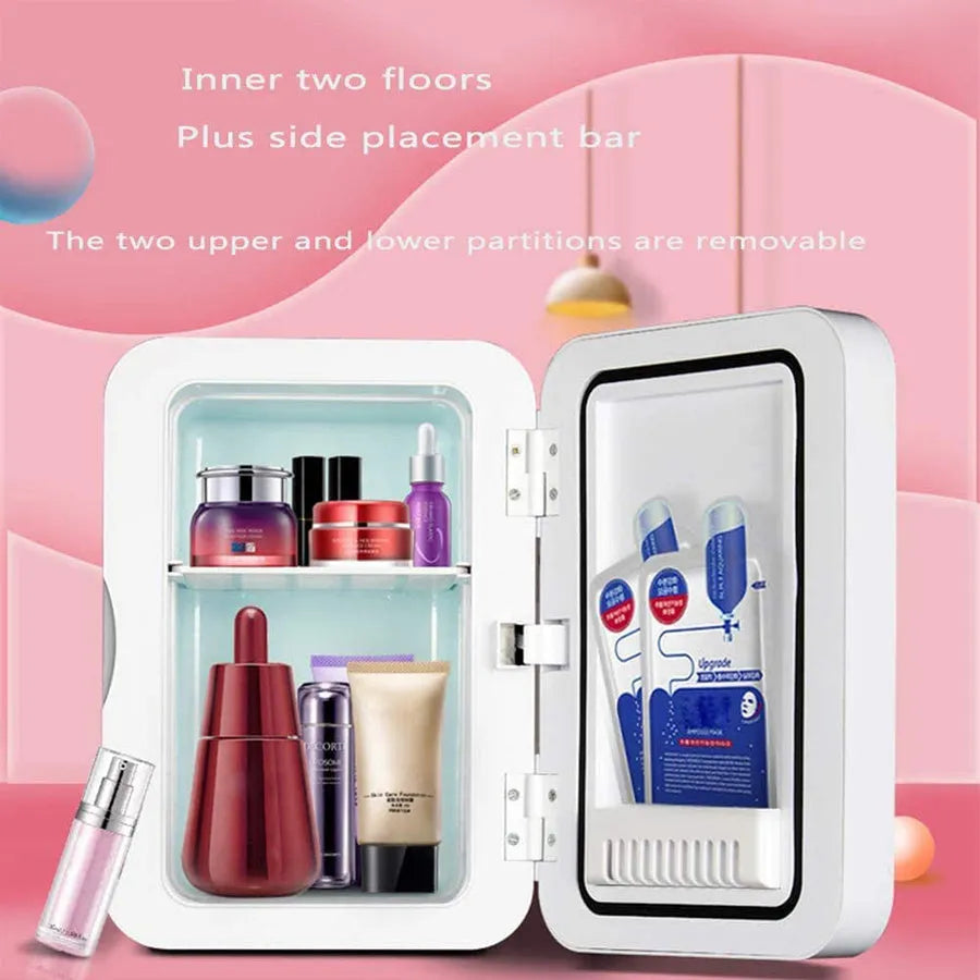 Mini makeup fridge in white with 22℃ to 65℃ cooler and warmer function, 12V and 220V power, removable shelf and 48W rating