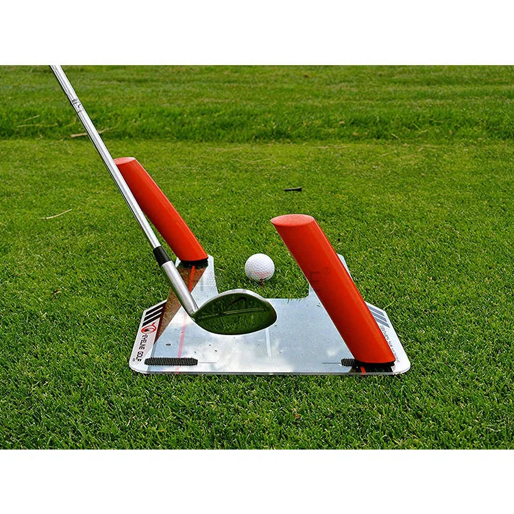 Red plastic putting practice mirror for golf alignment training, compact size
