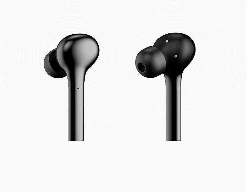 Black and white touch control wireless earbuds with a charging case on a white background