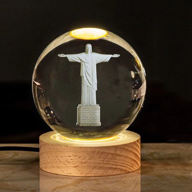 6cm white crystal ball desk ornament with laser-engraved cross design on a solid wood warm light base.