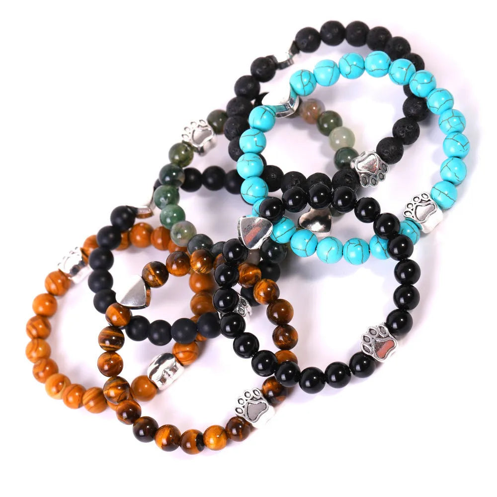 Tigereye stone bracelet with dog's paw charm, Indian agate beads, and a love heart charm on a beaded band.