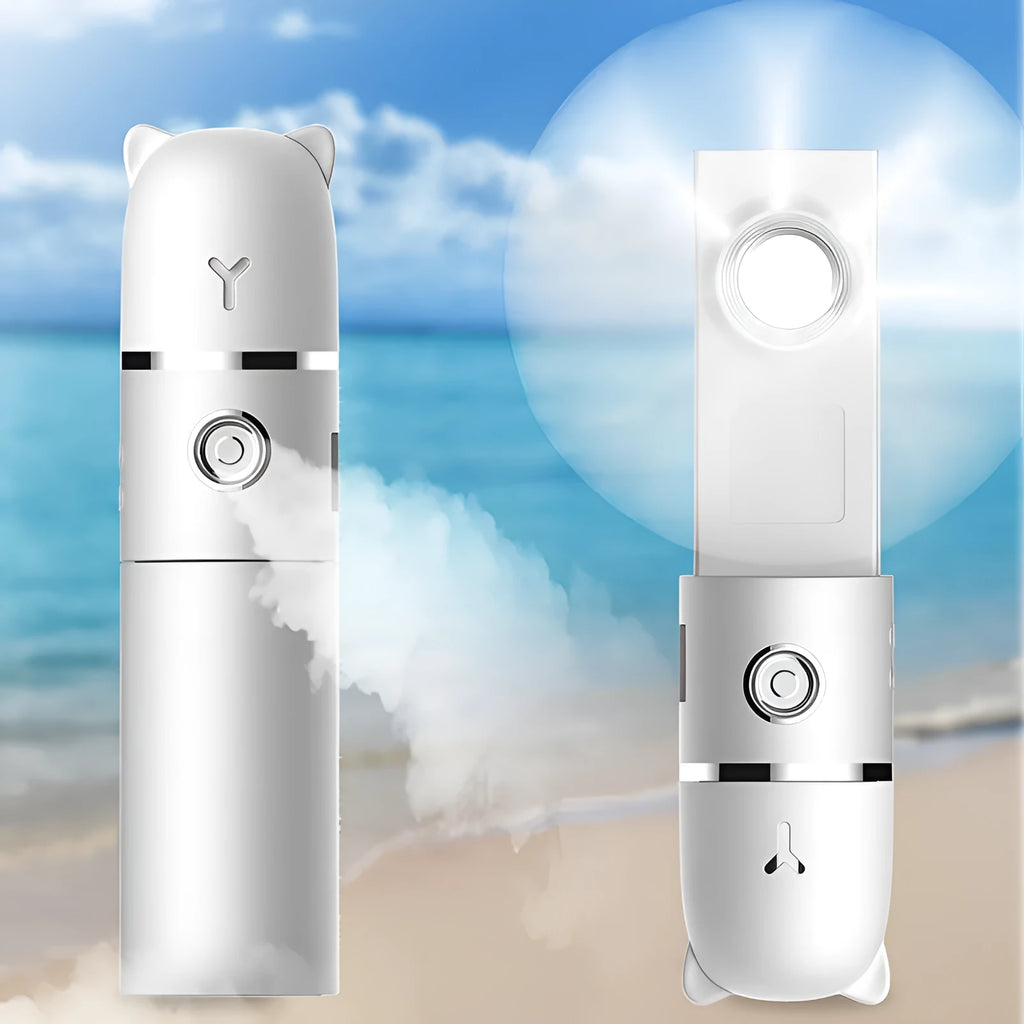 White USB rechargeable handheld spray fan with water tank, flashlight, and power bank function