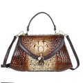 Retro coffee cowhide leather tote bag with two main pockets and zipper pocket, bottom length 31 cm