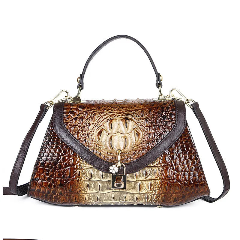 Retro coffee cowhide leather tote bag with two main pockets and zipper pocket, bottom length 31 cm