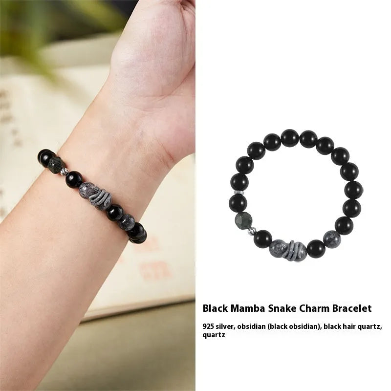 Men's black snake zodiac bracelet in S925 sterling silver with obsidian crystal elements, retro style 10mm jewellery