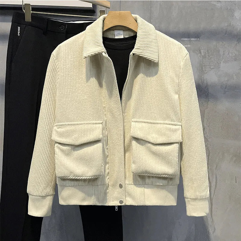 Men's loose fit corduroy coat in green, black, apricot or blue, sizes M to 3XL, with drawstring sleeves