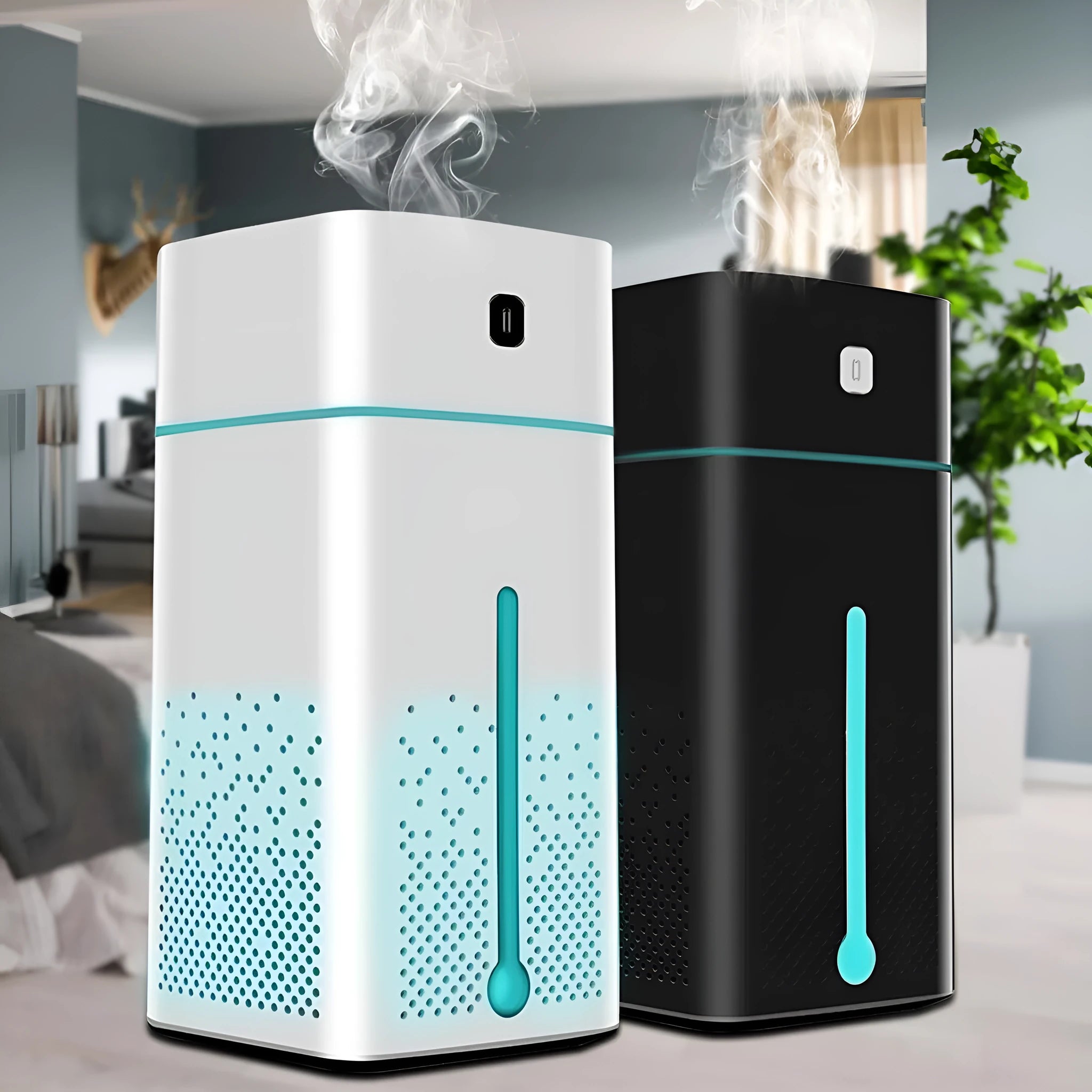 Black and white USB-powered desktop humidifier with 1000ml water tank on a desk.